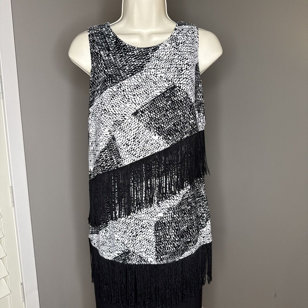 FRANK LYMAN Black White Top Fringe SIZE 4 Boho Preppy Art Western Modern